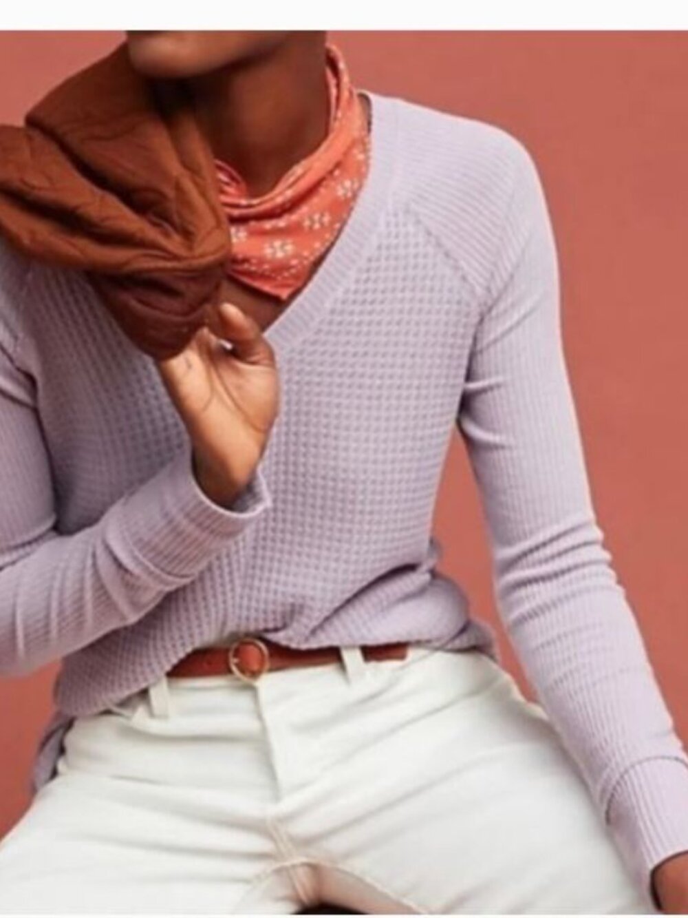 Anthropologie Maeve Pearson Waffle Thermal Top Large Purple Oversized V-Neck Tee
